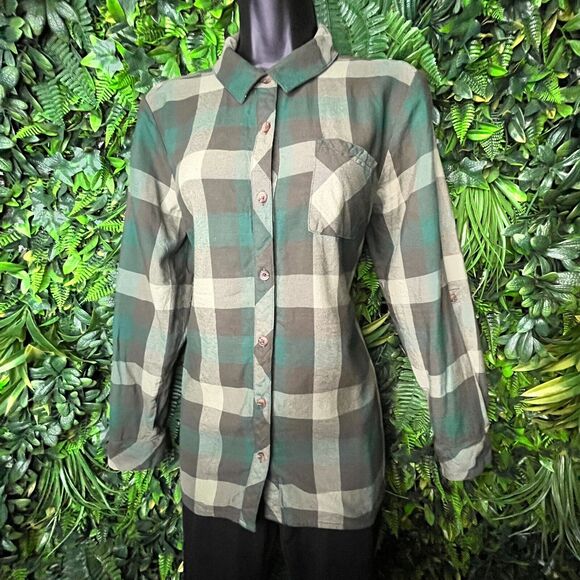 Isaac Mizrahi Live Tops Women 6‎ Green Button Shirt Blouse Collared Plaid 0534 - Picture 2 of 13